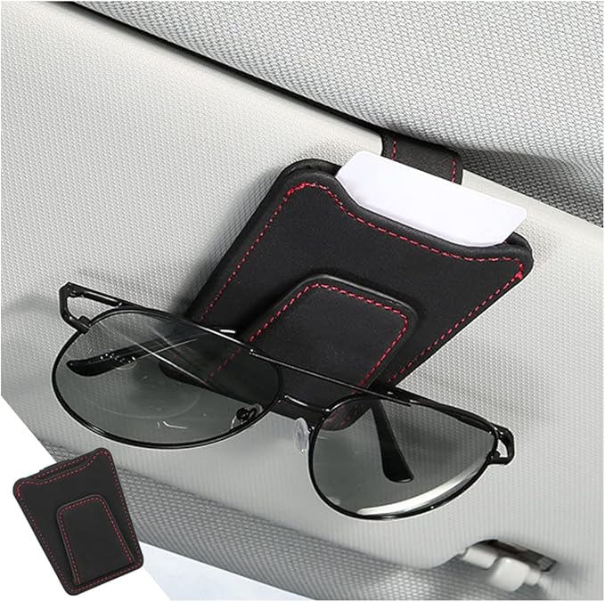 8sanlione Sunglasses Holder for Car Sun Visor, Magnetic Leather Glasses Hanger Clip, Eyeglass and Ticket Card Storage Mount, Auto Interior Accessories Universal for Vehicle SUV Truck (Black)