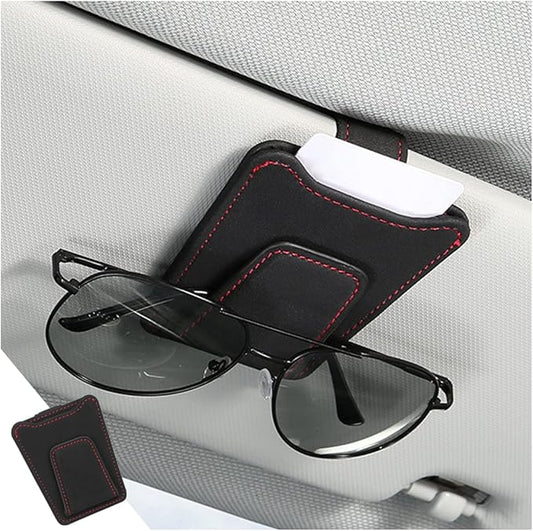 8sanlione Sunglasses Holder for Car Sun Visor, Magnetic Leather Glasses Hanger Clip, Eyeglass and Ticket Card Storage Mount, Auto Interior Accessories Universal for Vehicle SUV Truck (Black)