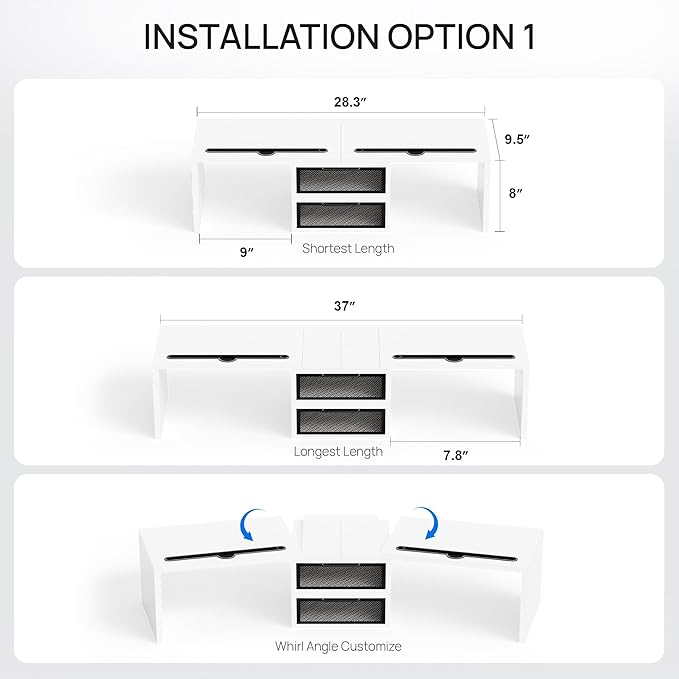 ZIFTY Dual Monitor Stand Riser for 3 Monitors, Desk Organizer with 2 Drawer and Smartphone Holder, Adjustable Length & Angle Workspace Organizers for Monitors Laptop Printer Computer, White