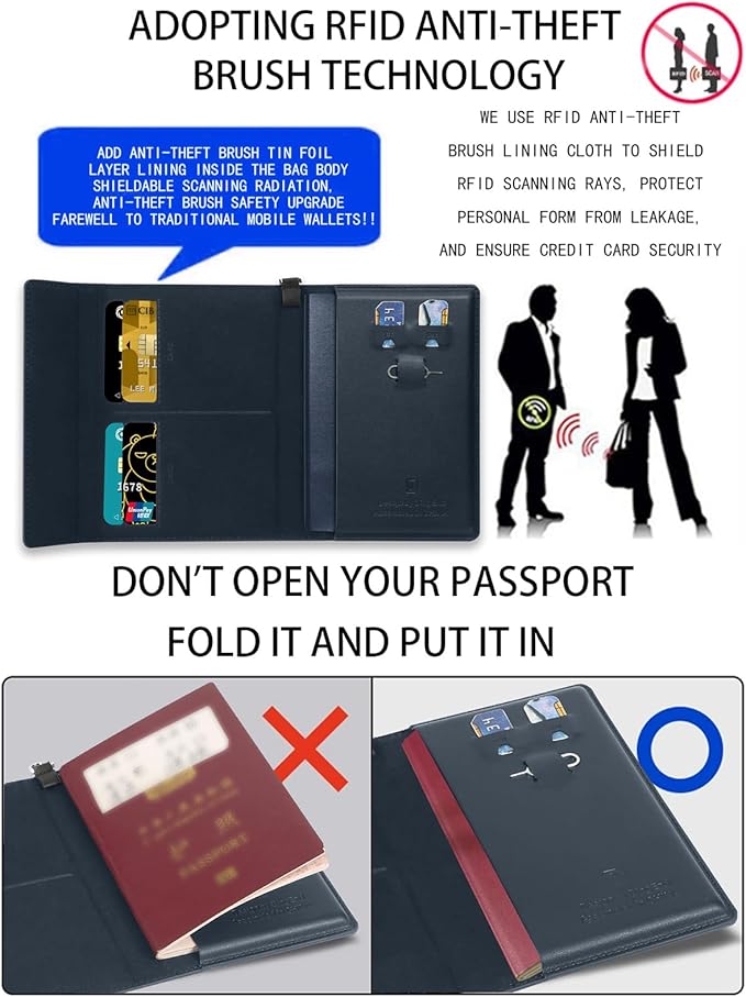 Passport Holder for Travel Essentials, RFID Blocking PU Leather Passport Wallet Cover Card holder Case Passport Book Holders for Women and Men, Dark Blue