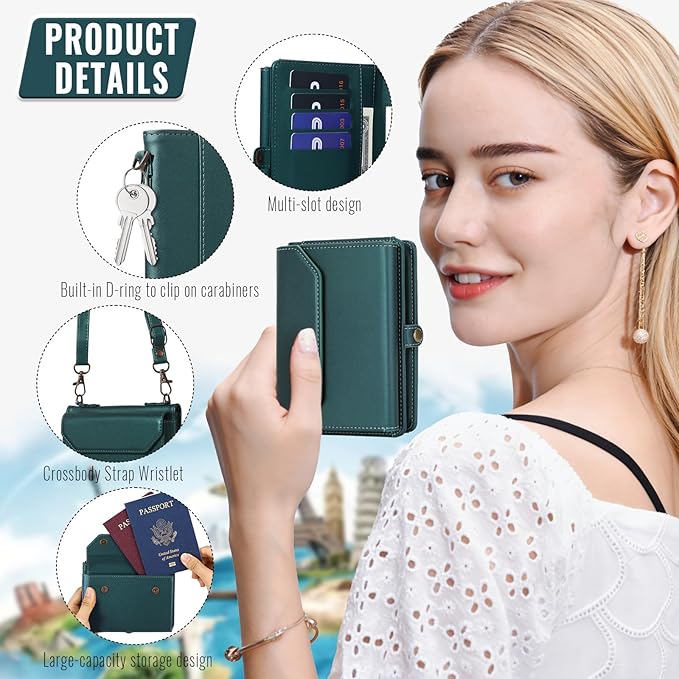ASAPDOS RFID Blocking Family Passport Holder Wallet,Hold 2-3 Passports for Travel with Credit Card Slots & Wrist Crossbody Strap Blue Green