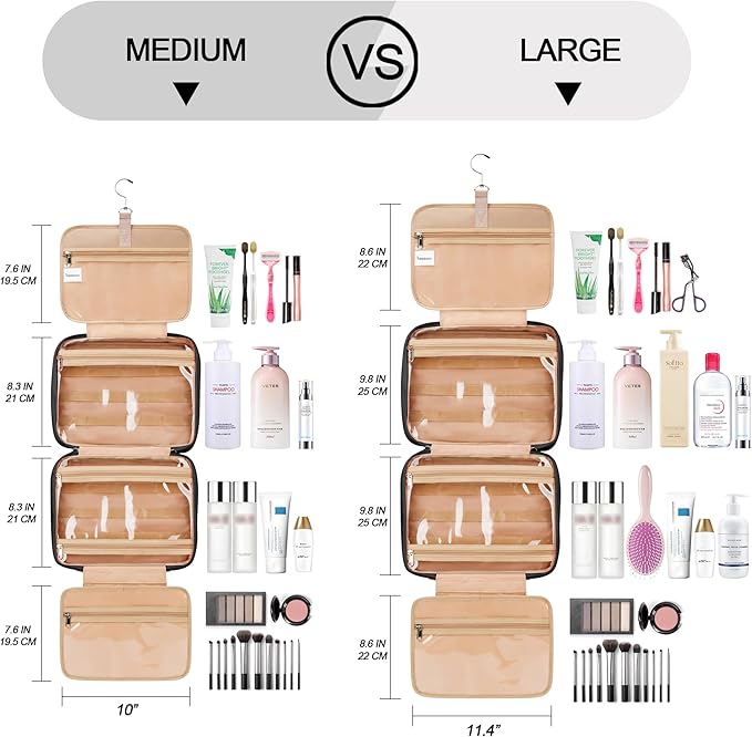 COOSKY Travel Hanging Toiletry Bag for Women, Holds Full-Size Shampoo, with Jewelry Organizer Compartment, Extra Large Makeup Bag, Waterproof Cosmetic Bag, Toiletries Kit Set with Trolley Belt, Black