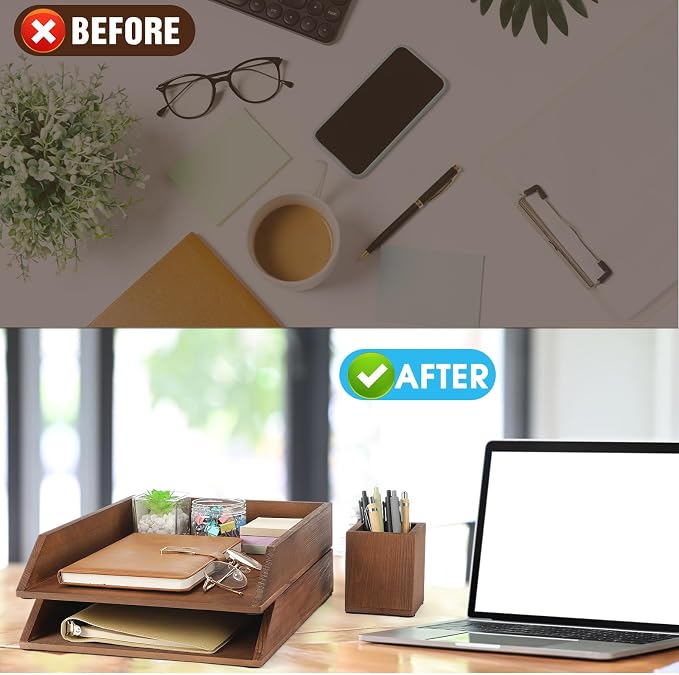Nuanchu 2 Pcs Wooden Letter Trays with Pen Holder Wood Desk Organizer Set Heavy Duty 2 Tier Brown Stackable Supports Letter-Size Paper Tray Desktop Drawer Pen Magazine File Folder Office Accessories