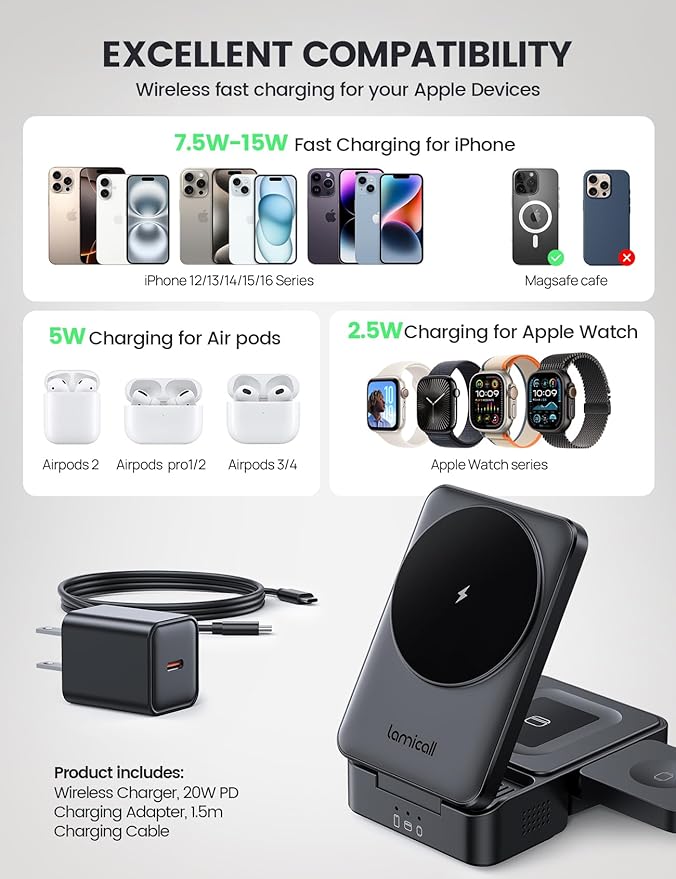 Lamicall Travel 3 in 1 Wireless Charging Station for Apple MagSafe, [Upgraded Cooling] Foldable Magnetic Charger Stand for iPhone 17 16 15 14 13 Pro Max, AirPods, Apple Watch (Adapter Included)