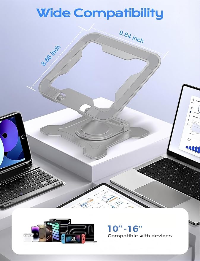 Adjustable Laptop Stand for Desk, 360° Rotating Base Ergonomic Computer Stand, Laptop Riser Foldable Protable for Office Home Fits Compatible with MacBook Pro/Air Notebook up to 10-16" Gray