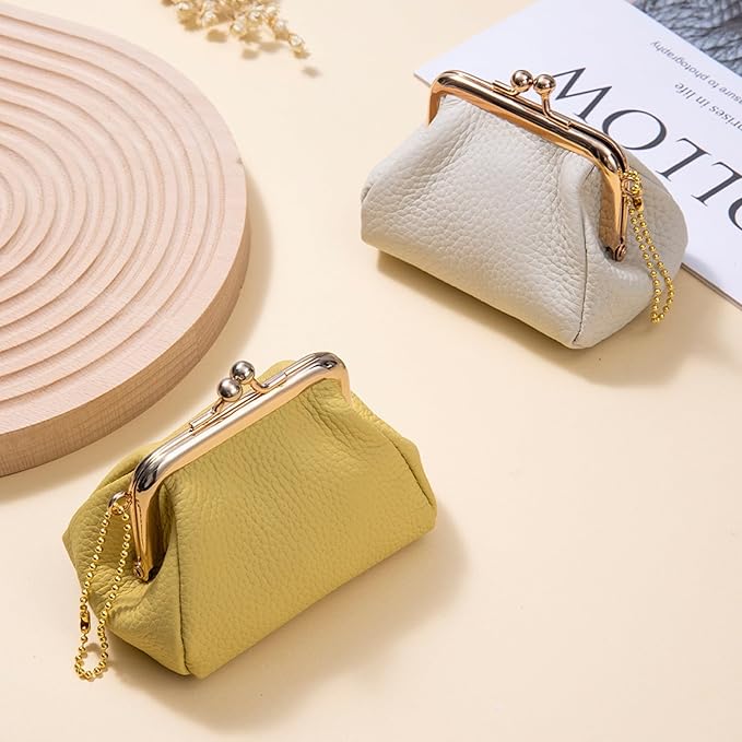 Genuine Leather Lipstick Holder Case, Cute Coin Purse for Women, Small Vintage Kiss Lock Jewelry Storage Organizer Change Bag Pouch (Lemon Yellow)