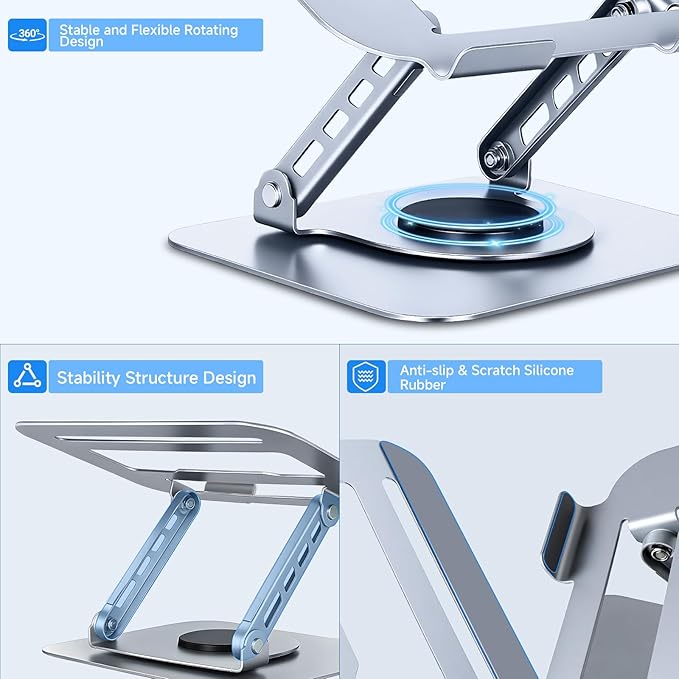 Leeboom Ergonomic Laptop Stand for Desk, 360° Rotating Aluminum Laptop Riser, Adjustable Notebook Holder for MacBook Air/Pro, Dell, HP, Lenovo (10–15.6", Silver) – Not for Gaming Laptops