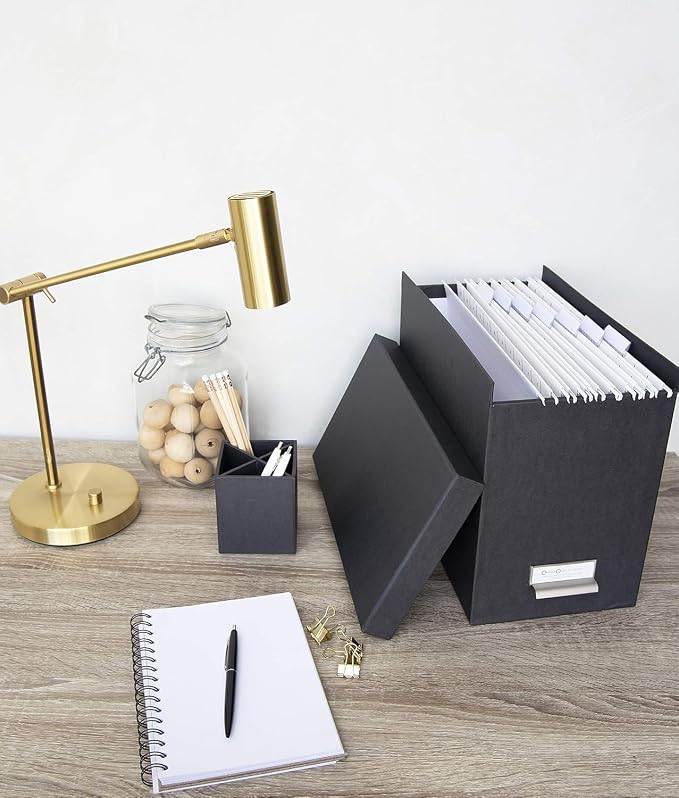 Bigso John Fiberboard Label Frame Desktop File Storage Box - Document Organizer for Important Paperwork - Durable Hanging File Box with a Lid & Metal Label Window - 7.36 x 13.38 x 10.51 in - Blue