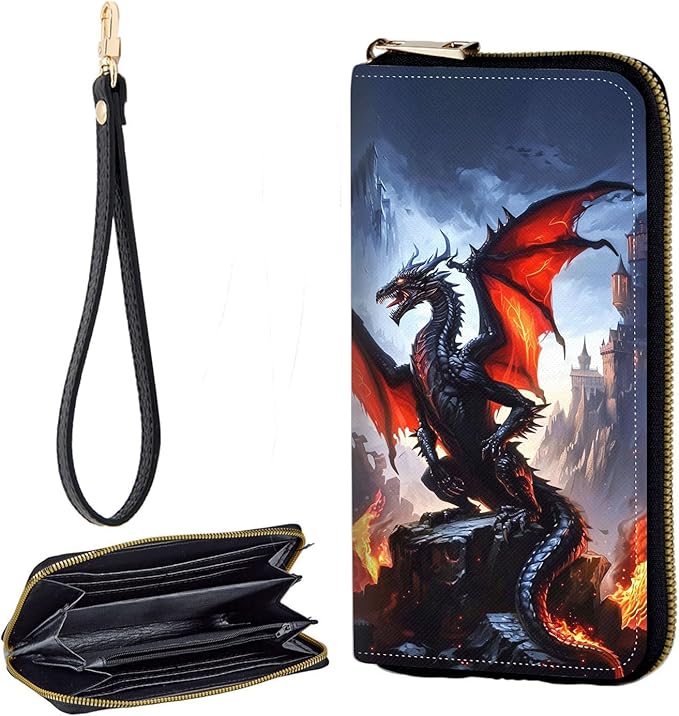 Zip Around Wallets for Women with Detachable Wrist Strap, Large Capacity RFID Blocking Leather Purse Organizer Card Holder Wristlet,Magic Dragon Castle
