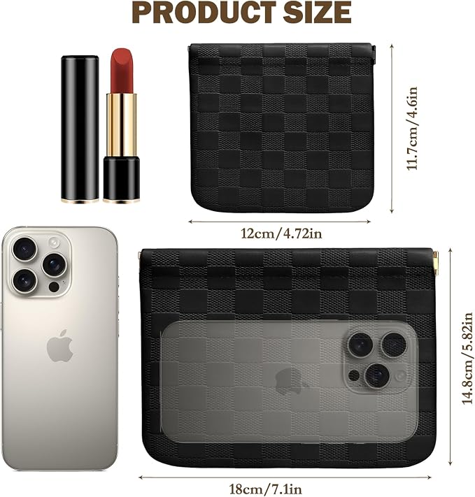 2 PCS Ladies Small Makeup Bag for Purse,Coin Purse Lipstick Cosmetic Accessories Organizer,Travel Pouch,Waterproof No Zipper Self-closing Small Makeup Pouch (Checkered Black)