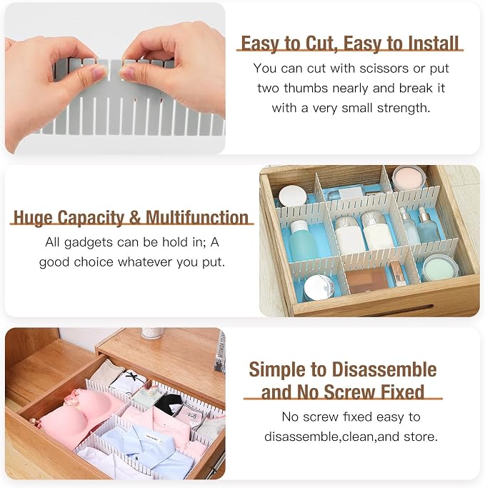 16 Pcs Drawer Divider Organizer, 14.5 Inch DIY Adjustable Drawer Dividers for Baby Clothes Cutlery Socks Underwear, Plastic Drawer Separators for Dresser Kitchen Office Bedroom (White)