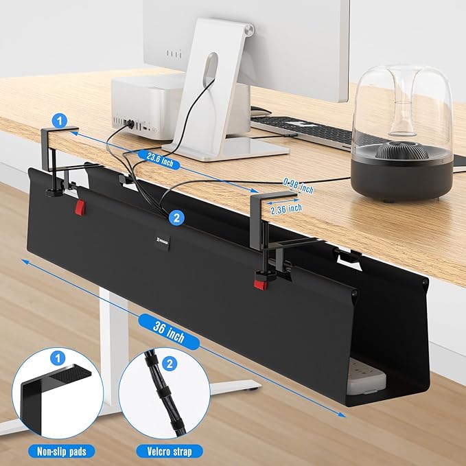 Under Desk Cable Management Tray, No Drill 36" Cord Organizer with Cable Loop, Upgraded Oxford Fabric Wire Management for Office, Home - No Damage to Table
