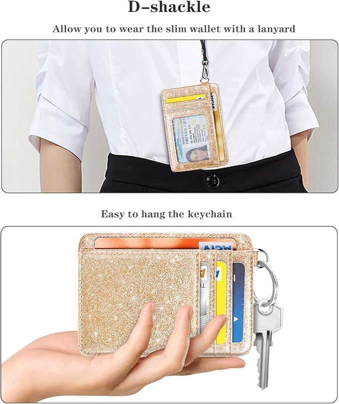 Coco Rossi Slim Front Pocket Wallet RFID ID Card Holder Cute Small Wallet with Keychian for Women,Champagne Gold Glitter