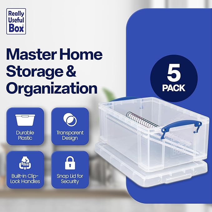 Really Useful Box Stackable 9 Liter Plastic Storage Container Bin with Snap Lid and Built-in Clip Lock Handles for Home & Office Organization (5 Pack)