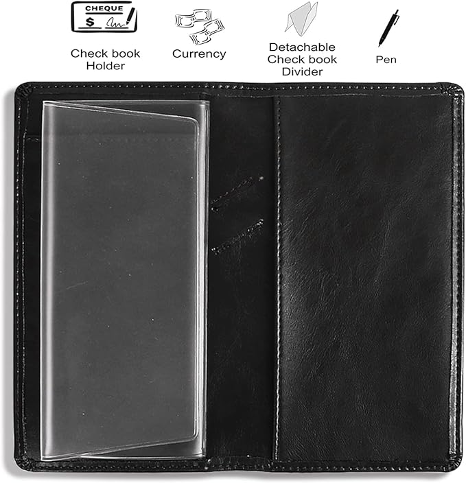 Sanlykate Leather Checkbook Cover for Men and Women, Check Book Case Card Holder with Free Divider, Standard Register Duplicate Checks with pen inserts