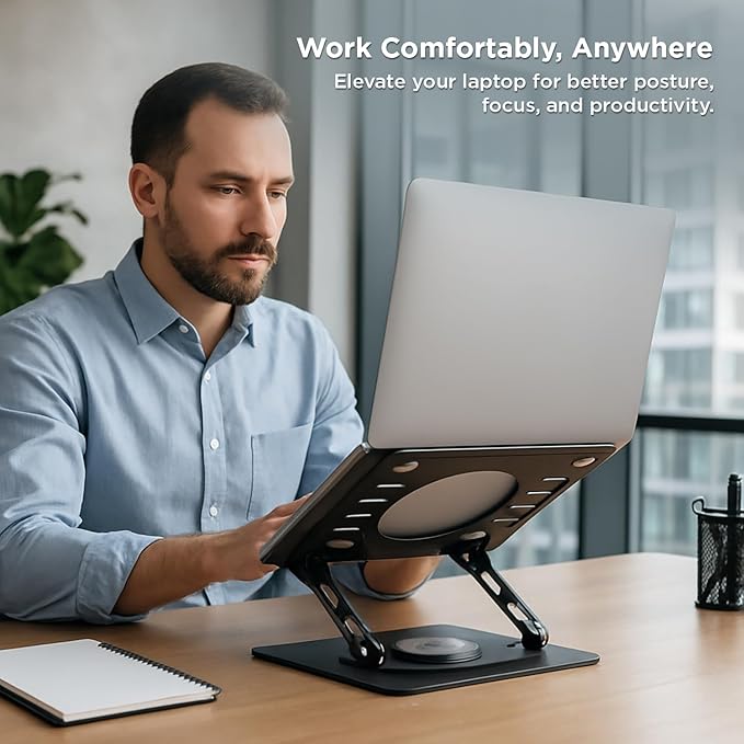 Uncaged Ergonomics Swivel Laptop Stand for Desk, Adjustable Computer iPad Stand for Desk w/ 360 Rotation, Portable Laptop Holder for Home Office Ergonomic Supplies (Black)