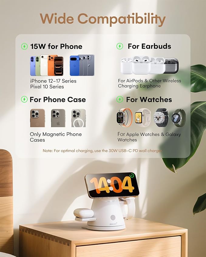 3 in 1 Charging Station for Apple, Qi2 Mag-Safe Charger Stand with Adjustable Night Light, Fast Wireless Charging Station Compatible with iPhone 17/16/15/14/13/12, AirPods and Apple Watch(30W Adapter)