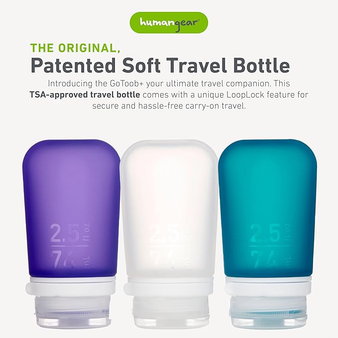 humangear GoToob+ Bottles - Silicone Leak-Proof Travel Tubes for Toiletries, Camping & TSA Carry-On (3-Pack), Medium (2.5 fl oz; 74ml), Clear/Purple/Teal