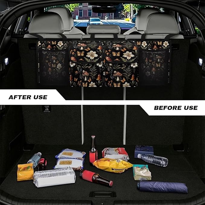Mushroom Car Trunk Organizer and Storage,Flower Backseat Hanging Organizer for SUV,Truck,Van Collapsible Cargo Storage Bag,Car Interior Accessories Road Trip Adjustable Strap
