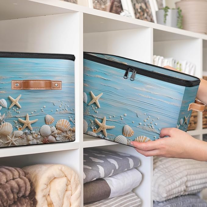 Sea Star Shell Storage Basket for Bedroom Kitchen Bathroom Storage Bins with Lids Collapsible Toy Cube Storage Organizer for Kid Teen Women Men