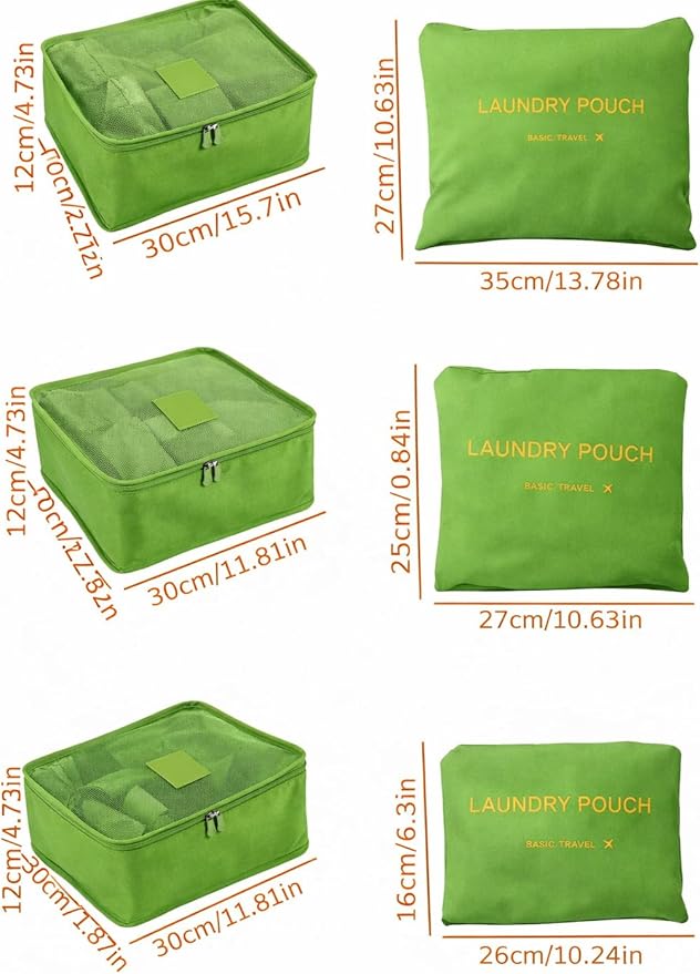 6 Set Travel Packing Cubes for Luggage – Laundry Pouch Organizer Bags, Lightweight Storage Pouches for Clothes, Shoes, and Toiletries (green)