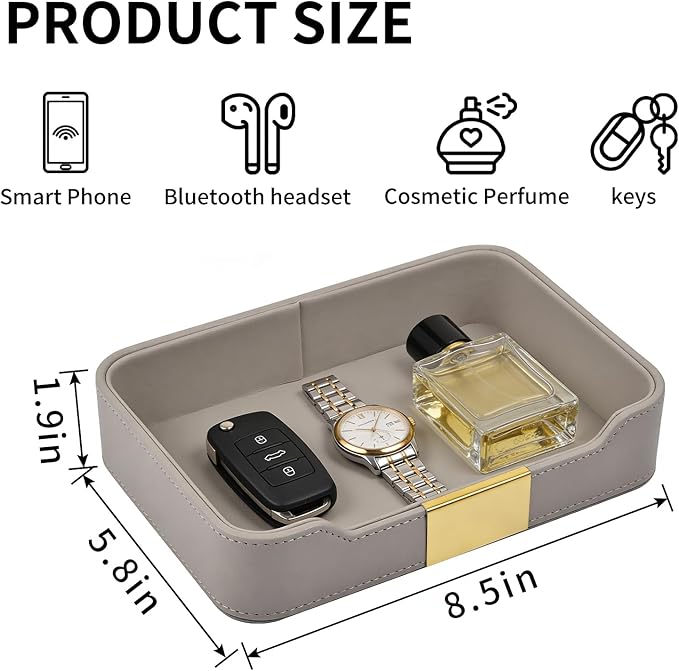 Luxury Leather Valet Tray Desktop Storage Organizer,Bedside Vanity Catchall Tray Nightstand Caddy Holder for Cosmetic,Jewelry,Watch,Keys,Phone,Wallet,Remote Controller,Pen,Gray