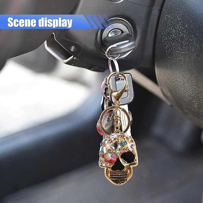 Bling Skull Car Keychain, Funny Metal Auto Key Ring Organizer, Driver Key Fob Holder Present for Men Women (Gold)