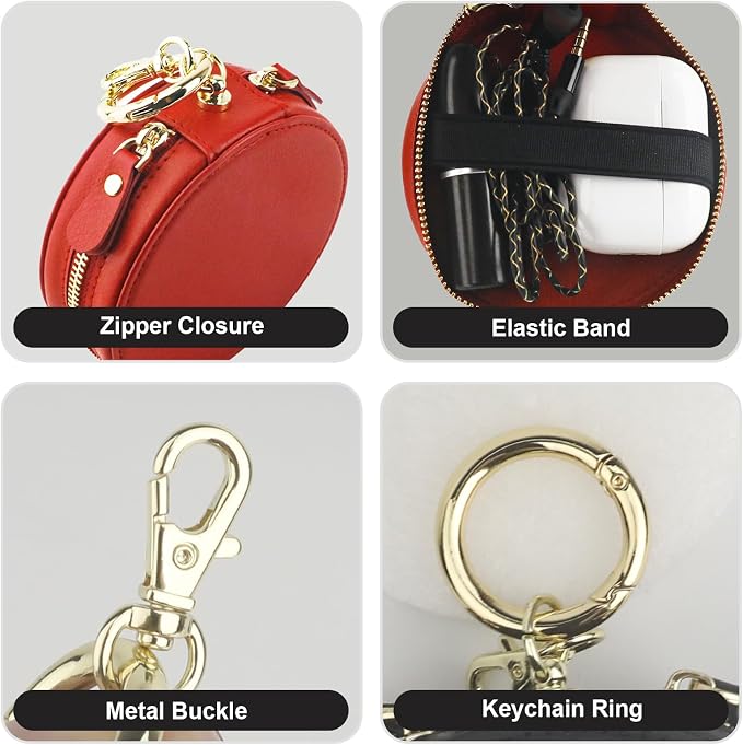 Bocasal Coin Pouch Mini Lipstick Cosmetic Bag with Airtag Holder Mirror, Leather Zipper Travel Makeup Bag Organizer Keychain Ring Clasp for Keys Earbuds Earphone Lip Gloss Chapstick Women Girls (Red)