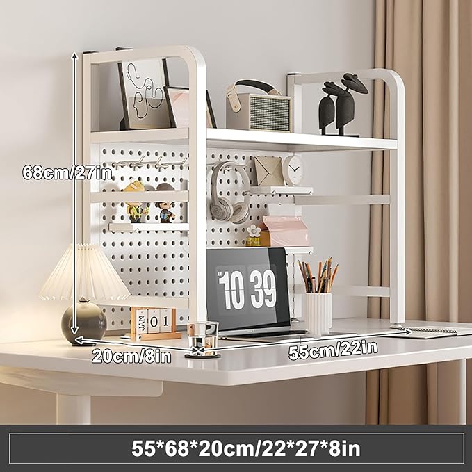 Standing Desk Shelf Desk Shelf Organizer, Countertop Hutch Bookcase Organizer, Desktop Bookcase Bookshelf Desk Hutch, Home Decor, Load Bearing Capacity 50 kg/110 lbs(White,55*68*20cm/22*27*8in)