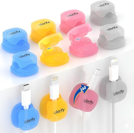12 Pack Rotatable Spring Cable Clips, Adhesive Cord Holders for Desk, Nightstand, Laptop, Phone Charging Clips & Car Cable Organizer for Home & Office (Multicolour)
