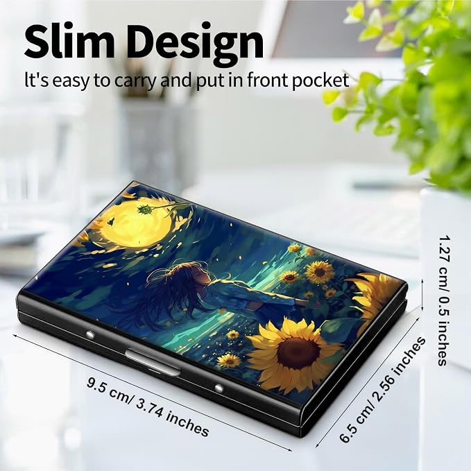 Metal Wallet for Women Men Girls, RFID Blocking Slim Aluminum Credit Card Holder, Mini Travel Wallet with Hard Shell, Lightweight ID & Business Card Case,Sunflower Girls