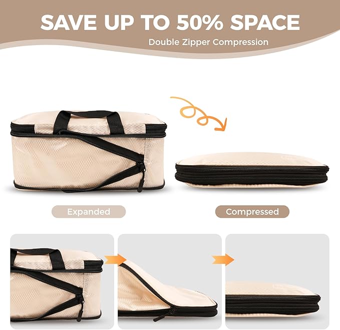 8-Piece Compression Packing Cubes for Travel, Ultralight Aesthetic Luggage Organizer Set, Space Saving Double Zipper Design for Carry-On & Suitcase Organizer, Travel Essentials- Beige