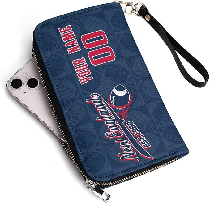 Custom Sports Team Zip Organizer Wallet-Personalized PU Leather Wallet with Name Number,Multi-Card Slots,Wrist Strap,Fan Gift for Men Women.