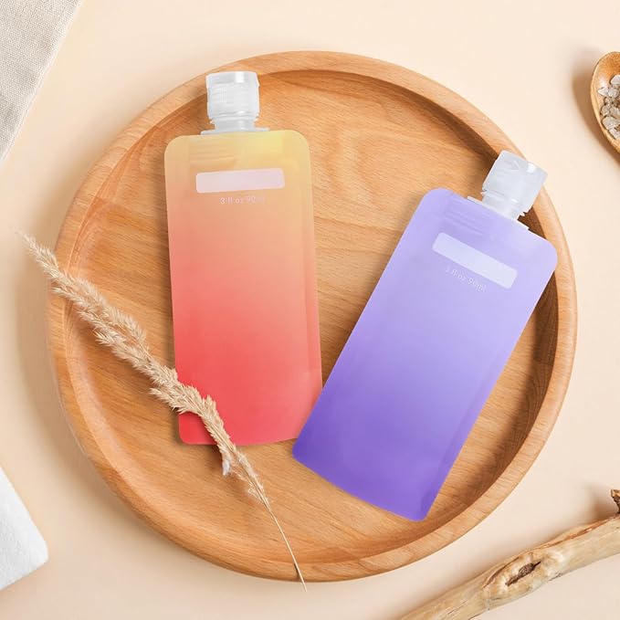 PACKISM 15 Pack Travel Pouches for Toiletries - 3 oz Leak Proof TSA Approved Liquid Containers, Squeeze Bags for Shampoo Lotion, Space Saving Refillable Carriers, Gradient Purple Cherry Yellow