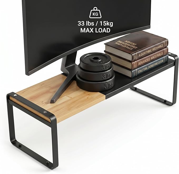 Expandable Desk Shelf Organizer, Sturdy Bamboo Desktop Riser for Monitor, Laptop & Office Storage, Modern Workspace Stand Accessories (Black)