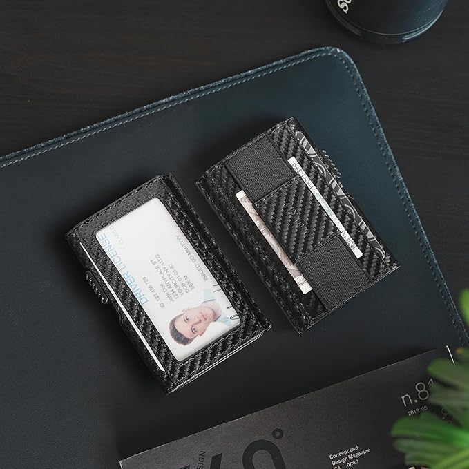 VULKIT Mens Minimalist Wallet for Max. 8 Cards with Pop-Up Credit Card Ejector RFID Blocking, ID Window and Elastic Strap for Bills or Keyring, Gift Box Packed, Carbon Black