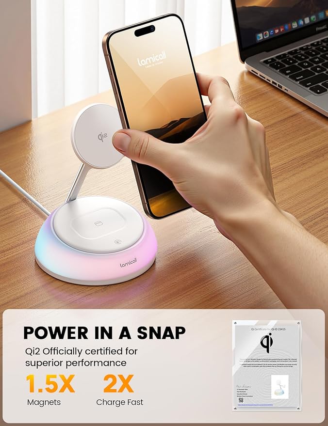 Lamicall 4-in-1 Qi2 Certified Wireless Charging Station for Magsafe, [LED Night Light] 15W Fast Magnetic Charger Stand Gifts, Compatible for iPhone 17 16 15 14 13 Series, Watch, Air pods, 30W Adapter