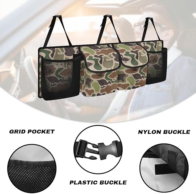 Duck Hunter Camo Hanging Car Organizer Large Capacity Backseat Hanging Storage Accessories Collapsible Cargo Storage Bag with 4 Pockets Universal Fit for Cars SUV Sedans