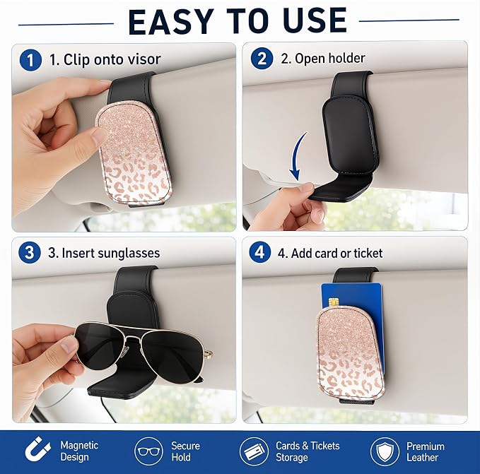 Leather Magnetic Sunglass Holder for Car Sun Visor, Cute Eyeglass Ticket Card Hanger Clip, Universal Auto Interior Accessories for SUV Pickup Truck, Ombre Leopard