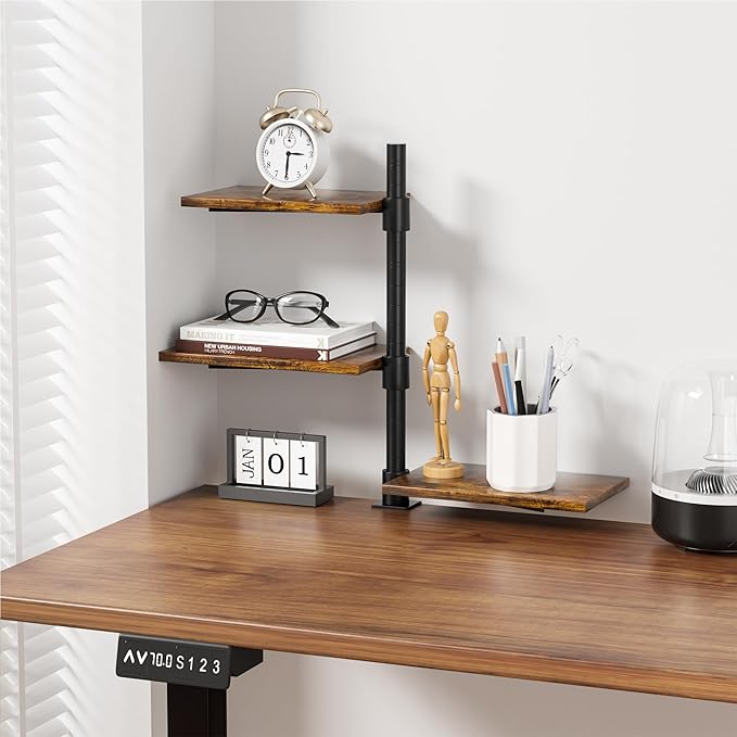Clamp On Desk Shelf 3-Tier, Adjustable Height Wood Shelving Unit for Office Desk Gaming Accessories, 360° Rotatable Storage Tray, Desktop Book Organizer Storage Rack, Shelf for Top of Desk