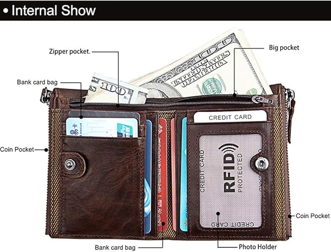 Men's Folding Double Zip Wallet RFID Blocks Retro Short Coin Purse
