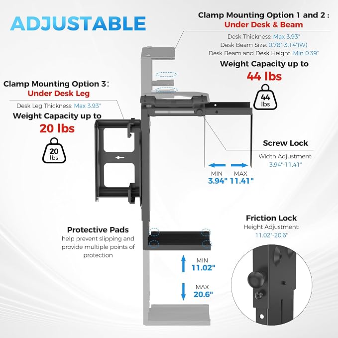 Suptek Clamp-on Desk or Desk Leg PC Mount,Adjustable Height and Width,CPU Under Desk Table Beam PC Mount Bracket Computer Tower Wall and Under Counter Holder