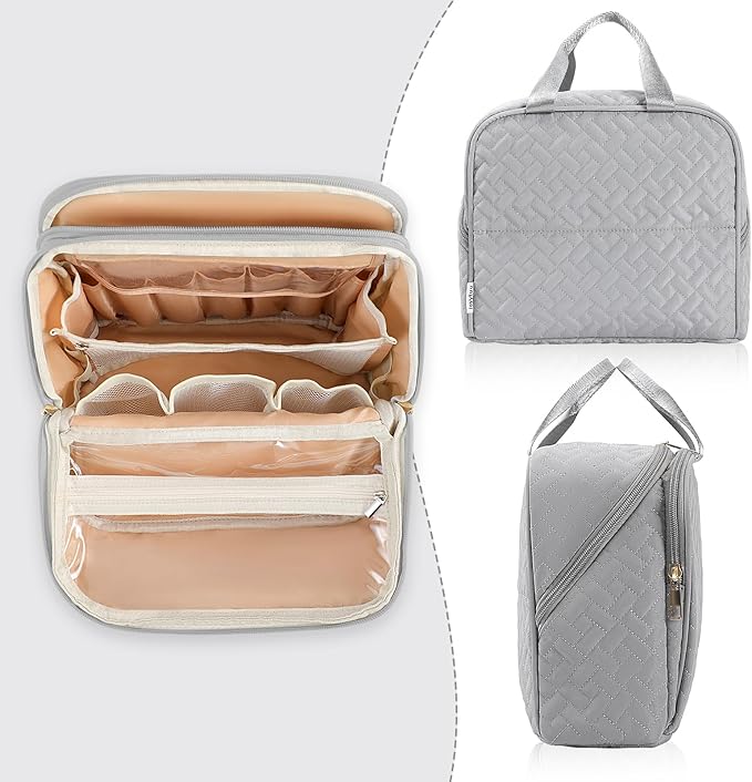 Makeup Bag, Stand up Large Capacity with Room for Brushes and Mirror, Travel Makeup Organizer, Portable Standing Make Up Case, Waterproof Cosmetic Toiletry Bags with Handle, Color Grey