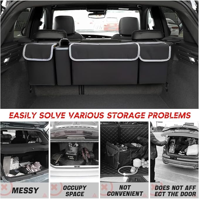 BELOMI Car Trunk Organizer, Auto Waterproof Sturdy Backseat Hanging Large Storage Collapsible Cargo Bag with Anti-Slip Adjustable Strip&4 Pockets, Vehicle Interior Accessories for Man Woman (Black)