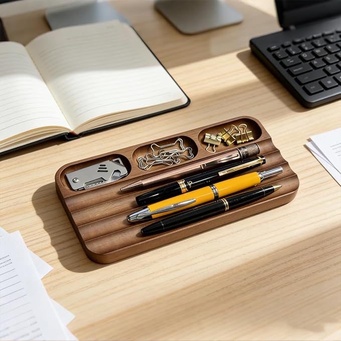 Horizontal Pen Holder,Acacia Wood Pen Tray,Desktop Pen Display,Walnut Desk Tray,Paperclip Headphones Eraser Office Stationery Storage,Brown