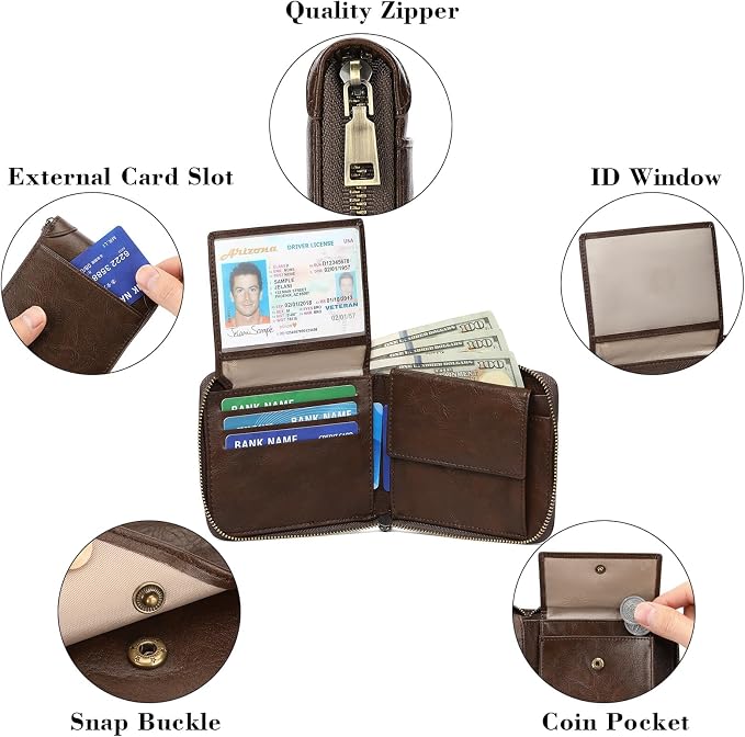GAEKEAO Zipper Wallet for Men Vegan Leather RFID Blocking Large Capacity Bifold Wallets with ID Window Change Pocket