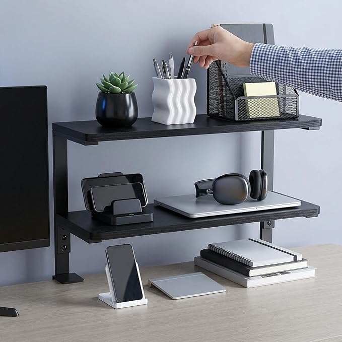 2-Tier Desk Extender, 22-inch Clamp-On Desk Shelf, Height-Adjustable Desktop Shelf Organizer for Monitors Office and Gaming Accessories, Arm Support Table Extension, Black