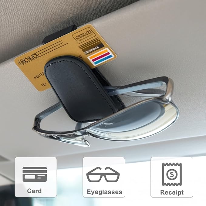 EldHus Sunglass Holder for Car Visor - 2 Pack Magnetic Car Glasses Holder Clip, Leather Eyeglass Holder for Car, Universal Vehicle Sunglasses Hanger Eyeglasses Mount, Black
