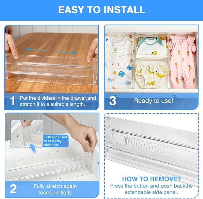 3-Pack Clear Drawer Organizer, Adjustable & Expandable Drawer Divider for Kitchen, Bathroom, Office, Customizable Storage Space-Saving Solution for Utensils, Cosmetics, Socks, Stationery