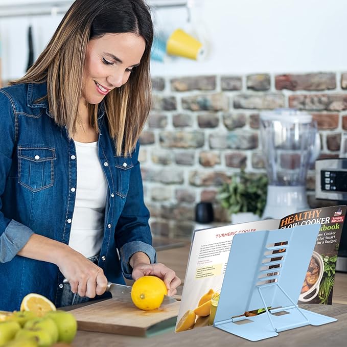 Honagu Metal Desk Book Holder, Hands Free Adjustable Cookbook & Document Holder, Portable Bookstand for Music Books, Textbooks, Recipes, Tablets & iPads (Light Blue)